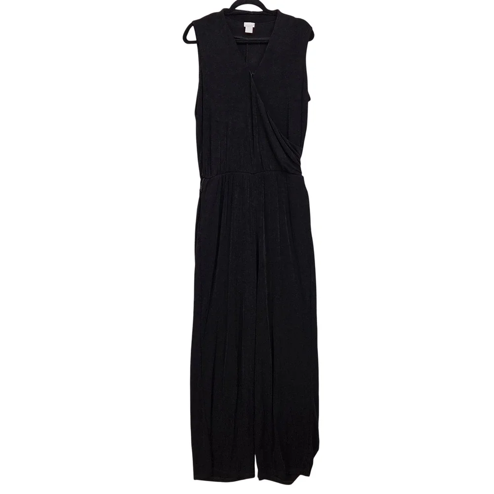 Chico's Womens 2 (14/16) Traveler Jumpsuit Black Sleeveless Wide Leg Wrap Belted